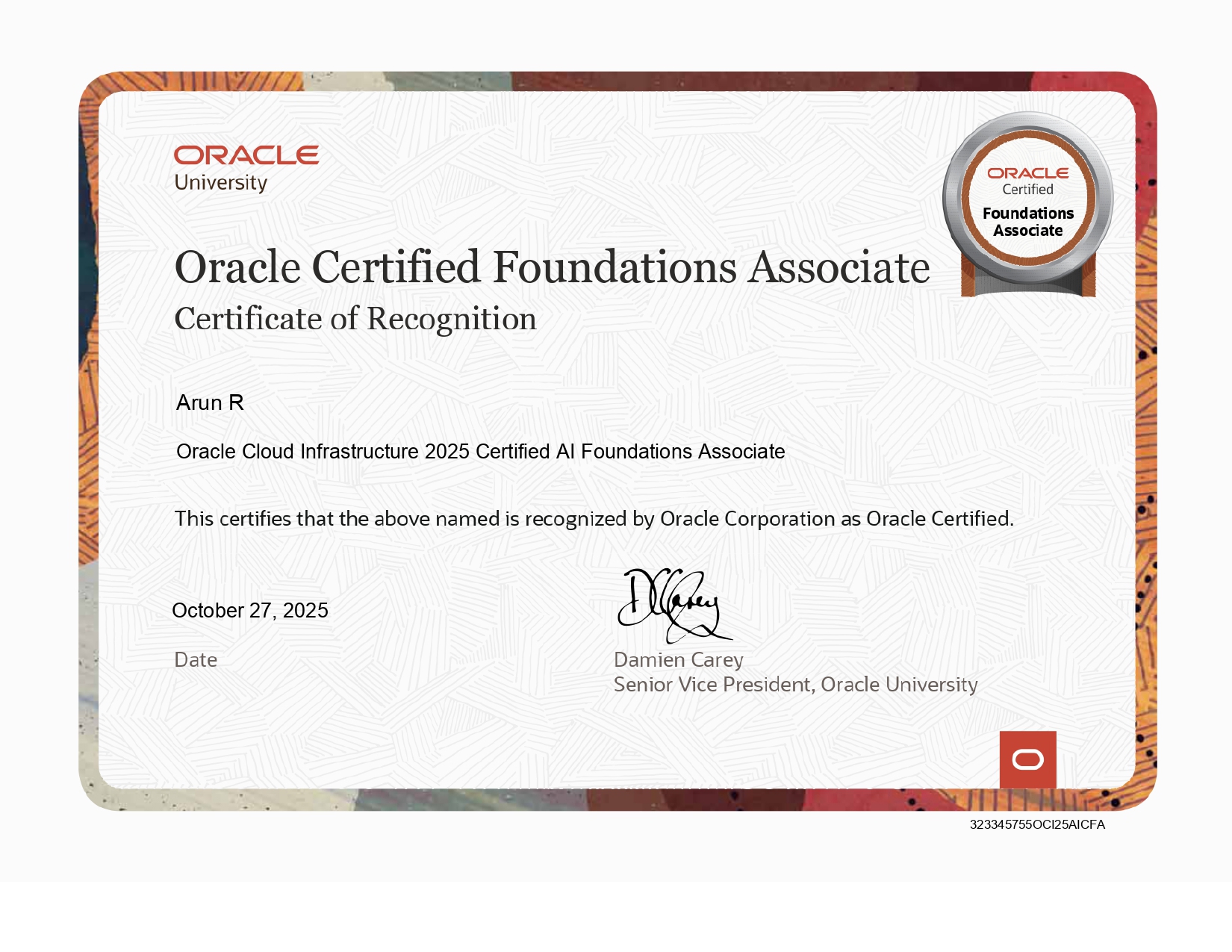 Oracle Cloud Infrastructure AI Foundations certificate