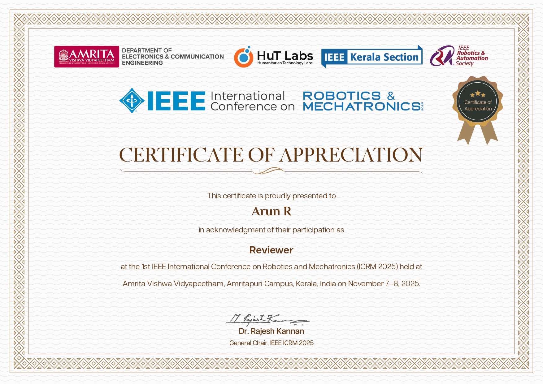 Reviewer - International Conference on Robotics and Mechatronics