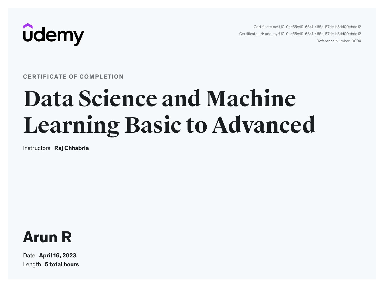 Data Science & ML Udemy certificate