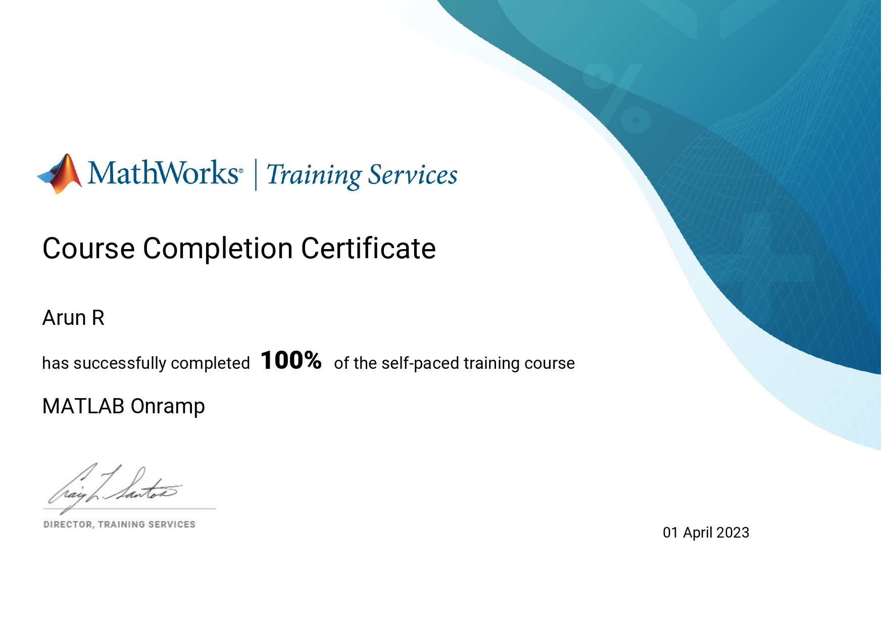 MATLAB Onramp certificate